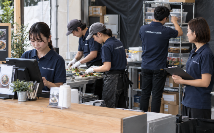 会計・盛り付け・補充に分かれて準備するスタッフ