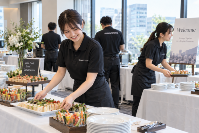 企業イベントの料理を配膳するケータリング準備