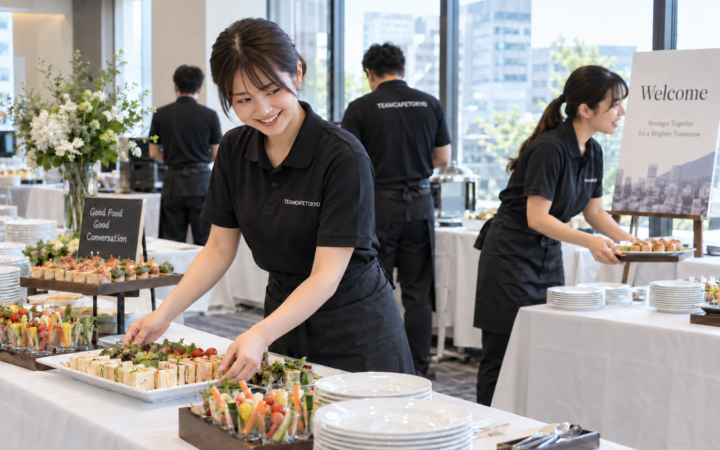 企業イベントの料理を配膳するケータリング準備