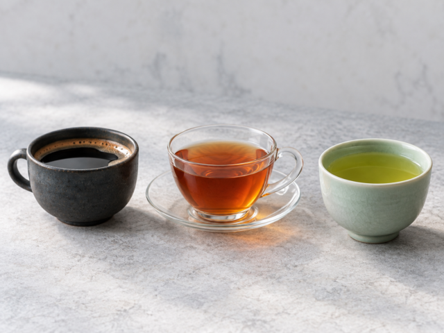 コーヒー、紅茶、緑茶を並べた比較イメージ