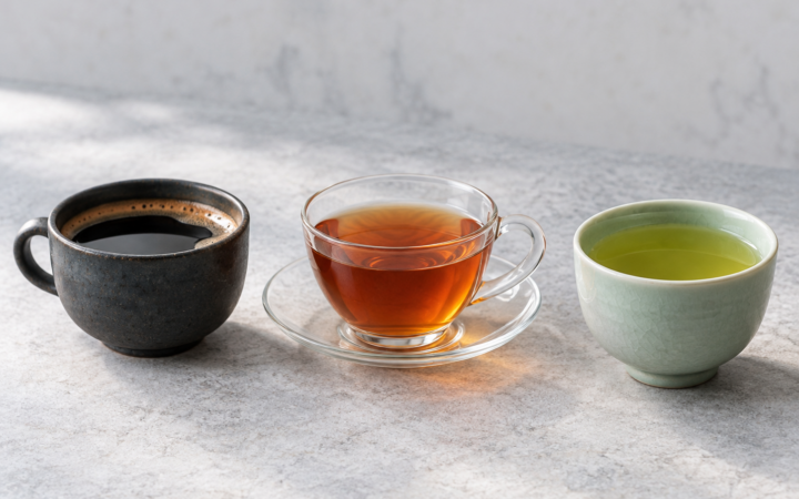 コーヒー、紅茶、緑茶を並べた比較イメージ